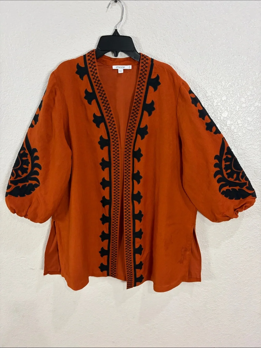 Chico's Burnt Orange Open Embroidered Cardigan with Black Motifs,Size L